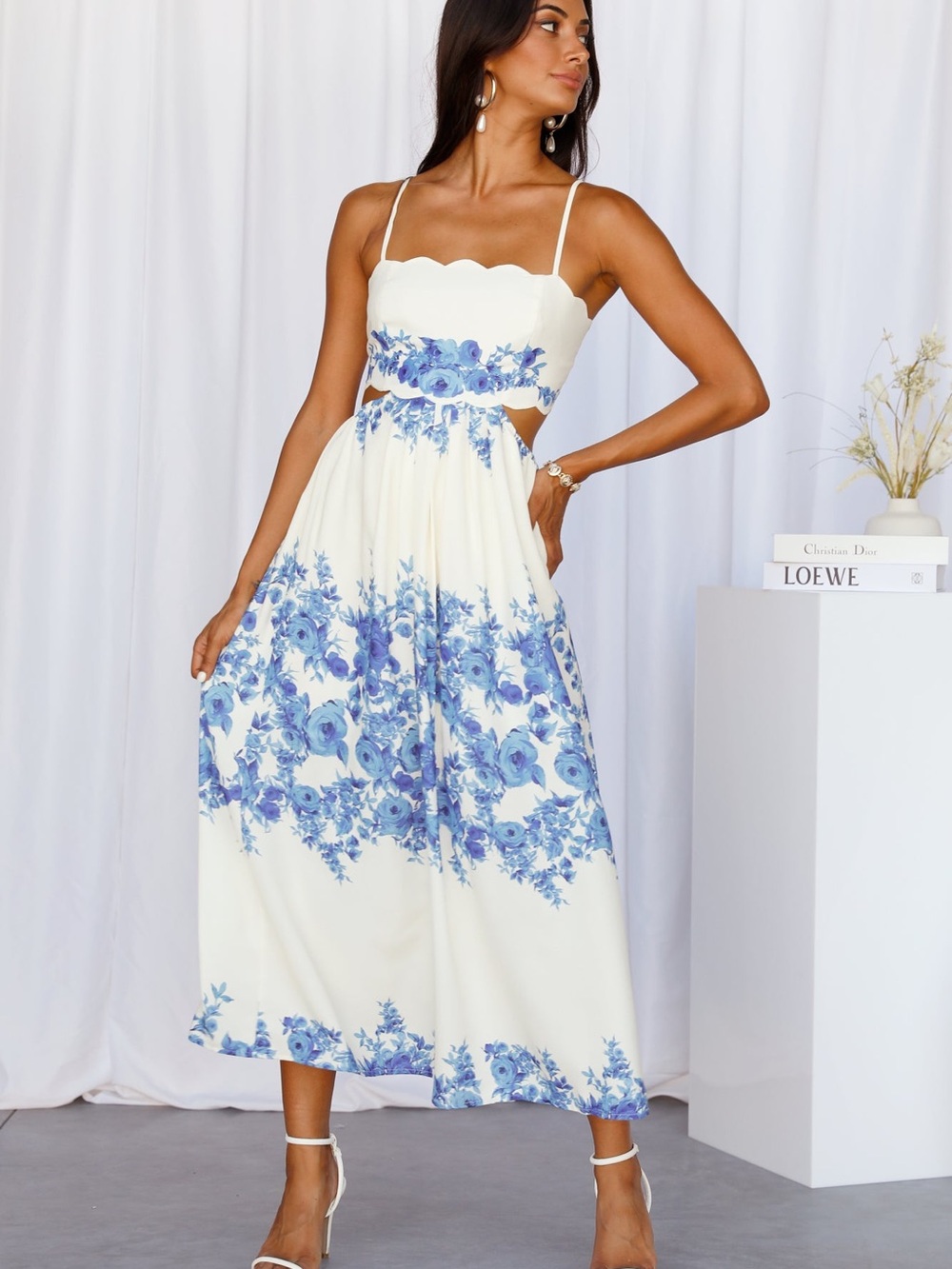 Hello Molly Cream Midi Dress with Blue Floral Print